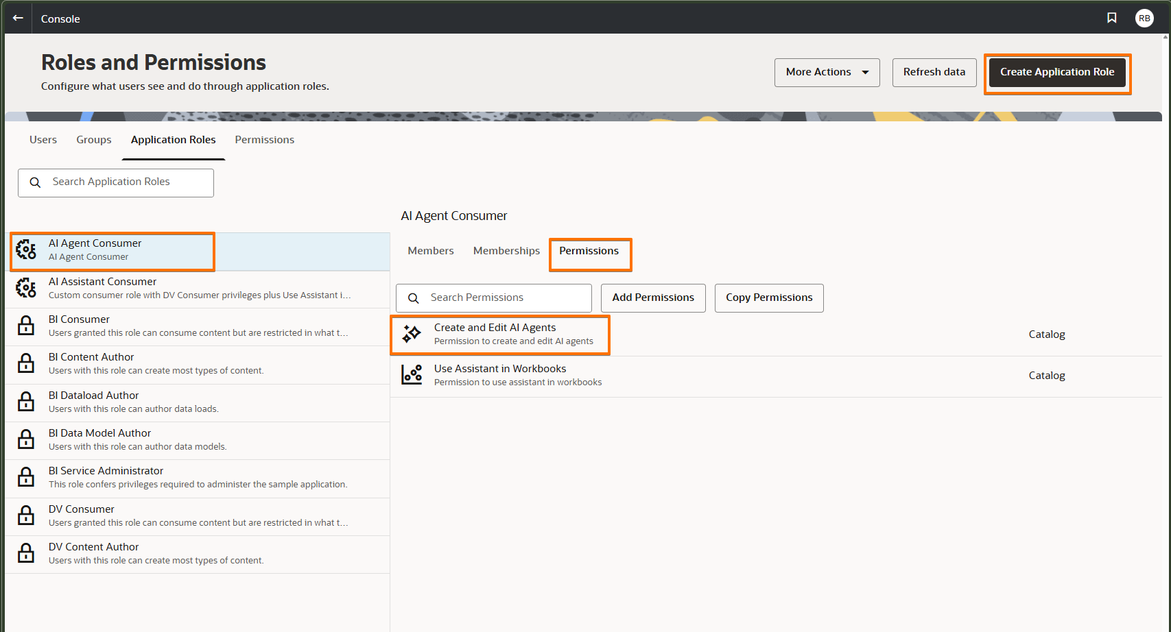 Screenshot: AI Agent Consumer role with Create and Edit AI Agents permission