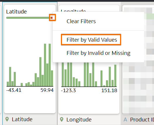 Latitude and Longitude column headers with the Filter by Valid Values menu option highlighted