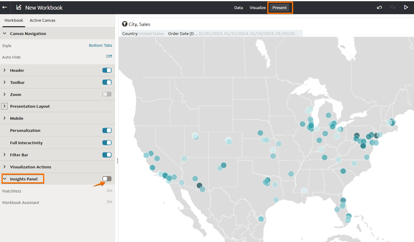Screenshot: Insights Panel toggle enabled in the Present tab with Watch List and Workbook Assistant options