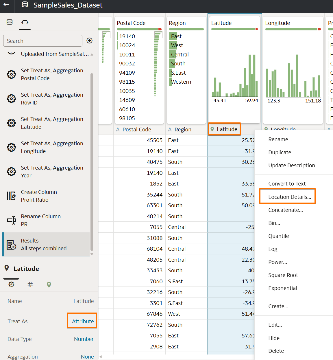 Dataset editor showing Treat As = Attribute for Latitude/Longitude/Year/Postal Code/Row ID and the Location Details context menu