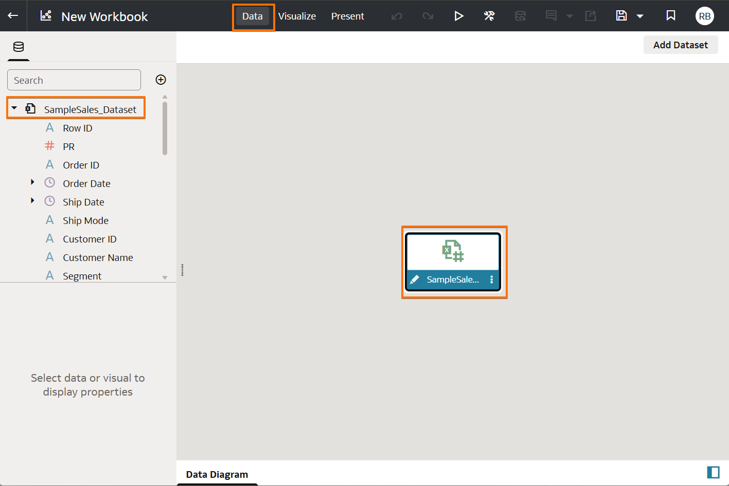 New Workbook Data tab with SampleSales_Dataset tile highlighted in the Data Diagram