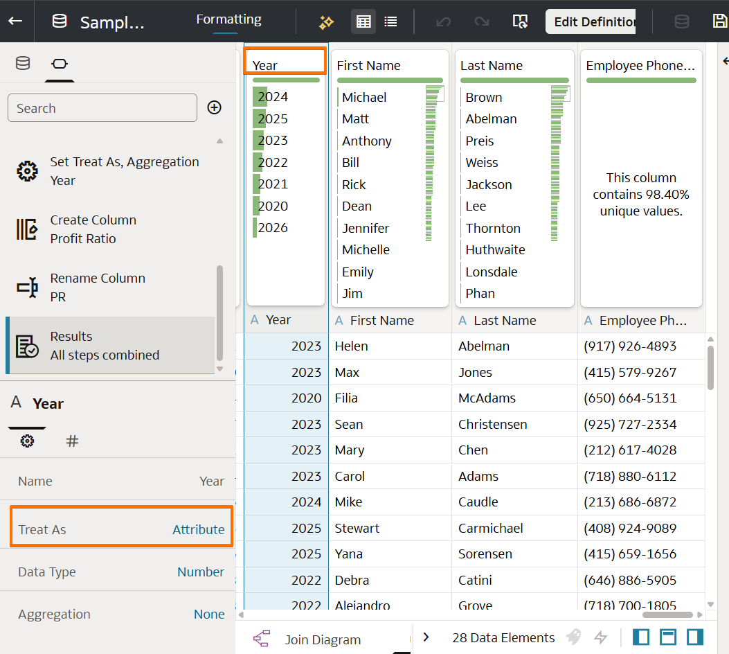 Year column properties panel showing Treat As = Attribute, Data Type = Number, Aggregation = None