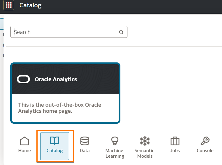 Navigator menu opened from the 9-dot grid icon in the top-left, showing the Catalog section selected